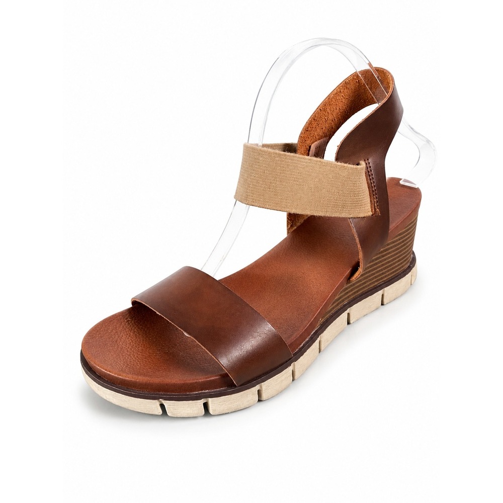 MIA Allina Boho Wedge Sandal Women 9.5 Brown Faux Leather Elastic Strap Open Toe